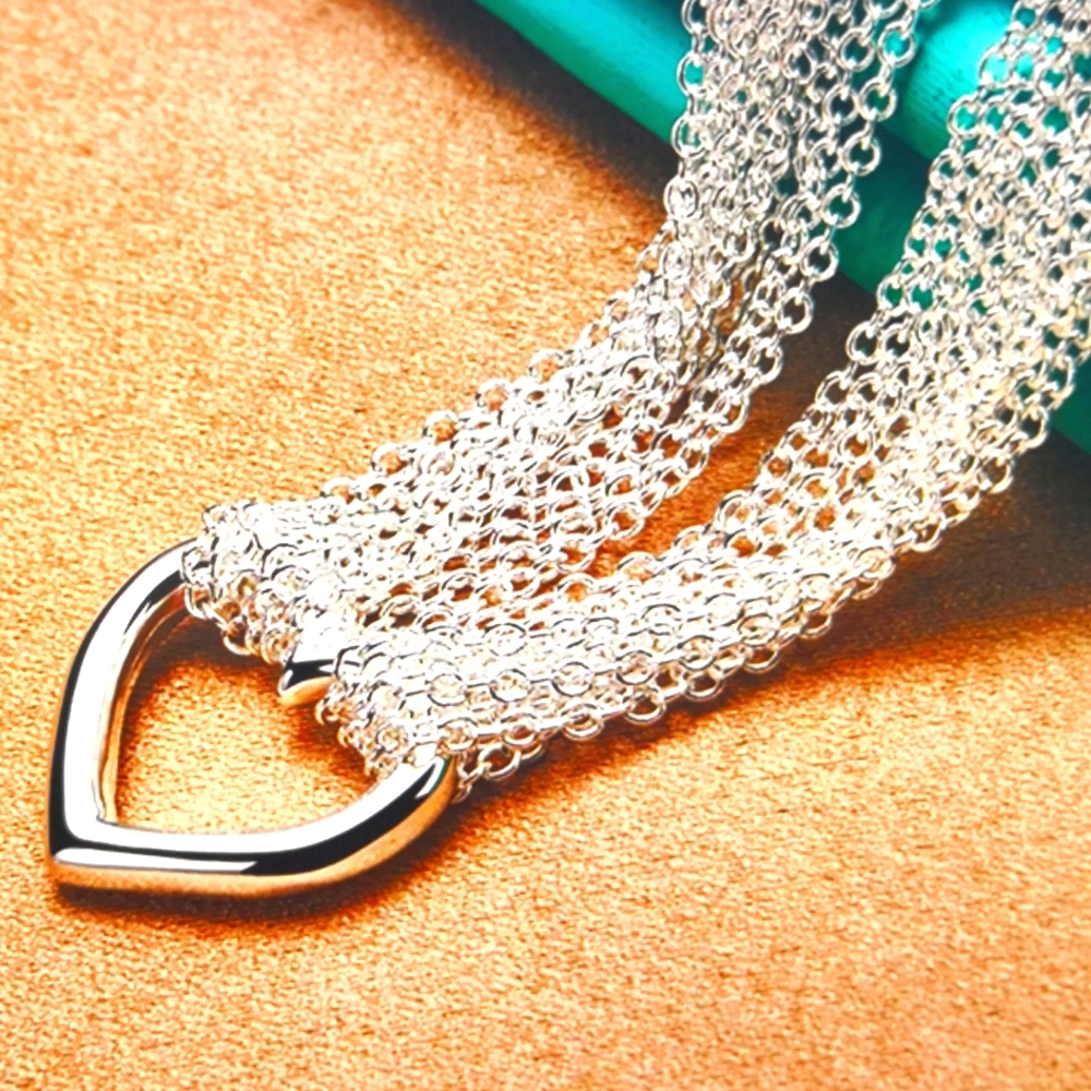 925 Sterling Silver Multi-Line Chain Heart Necklace Bracelet Network Ring - Picture 6 of 8